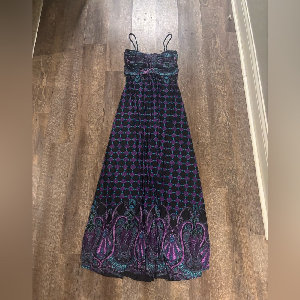 Black Strapless Maxi Dress with Purple and Teal Paisley Print by Therapy